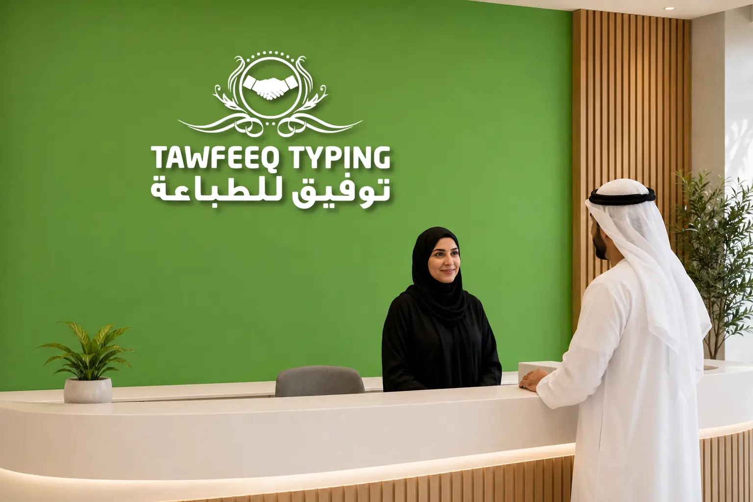 استقبال مكتب حديث يظهر خلفه شعار توفيق للطباعة كاملًا