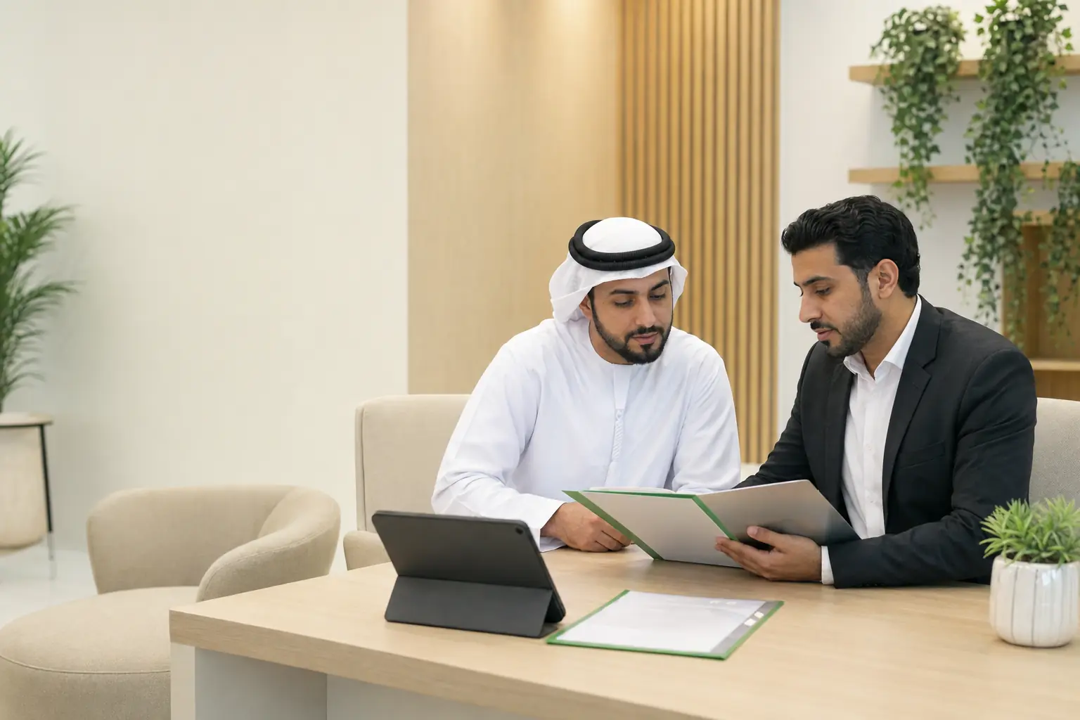 عميل إماراتي يراجع ملف منازعة إيجارية مع موظف دعم معاملات