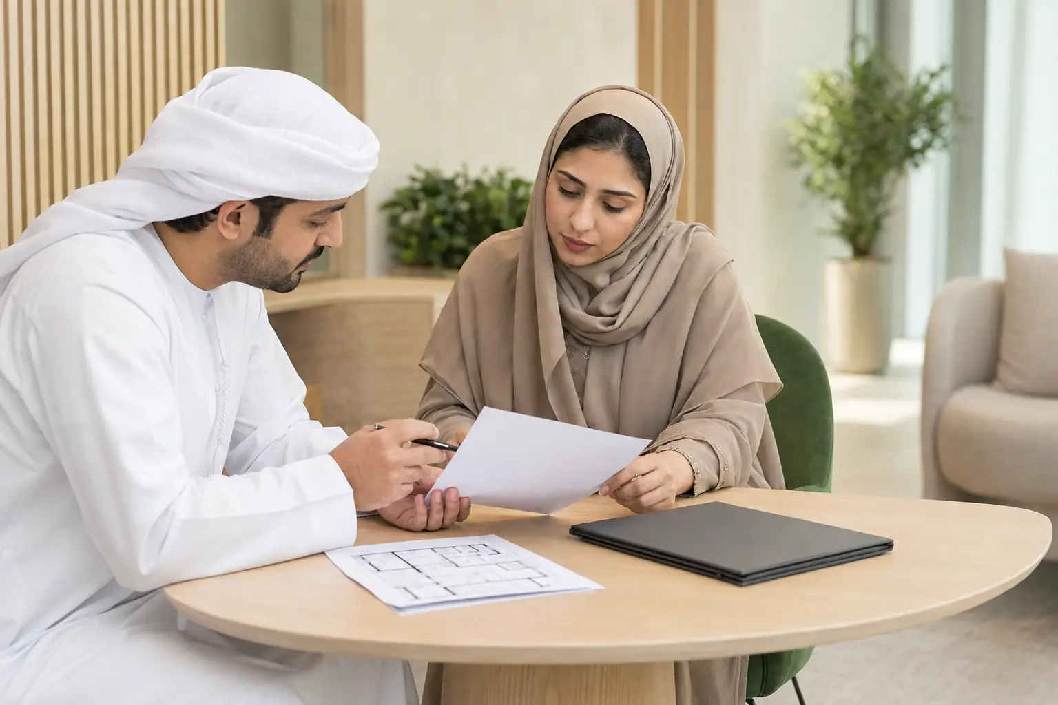 صاحبة عمل إماراتية تراجع مستندات عقد إيجار مع موظف دعم معاملات