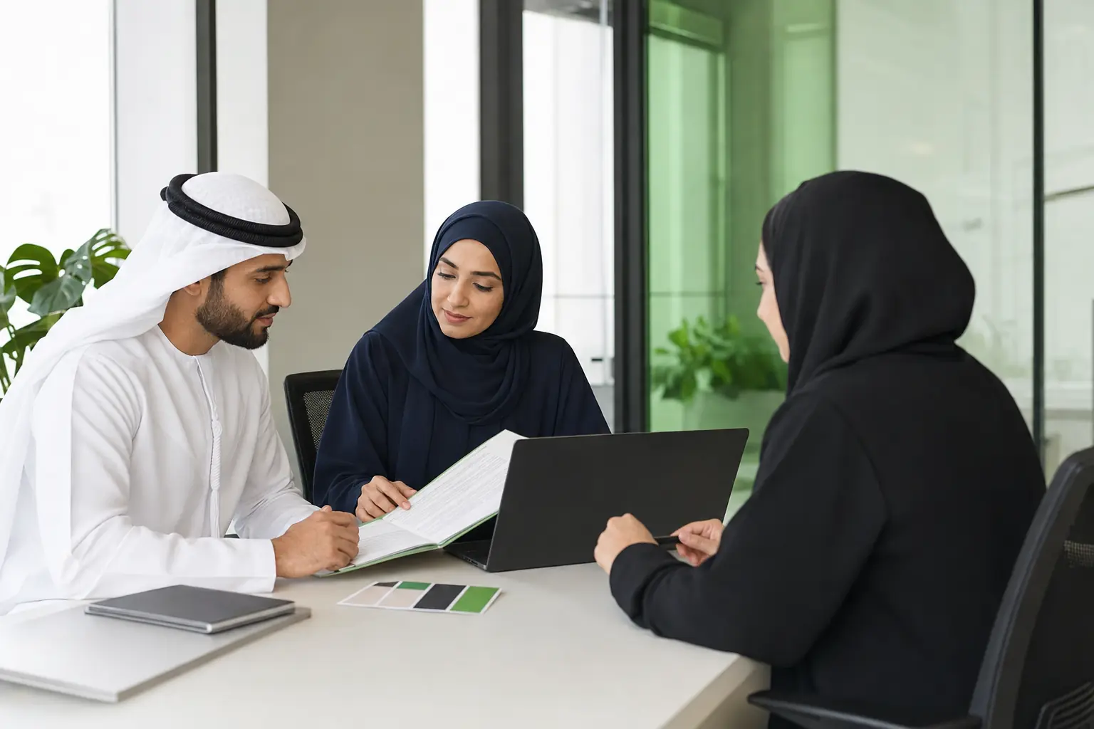رائدا أعمال إماراتيان يراجعان مستندات رخصة تجارية